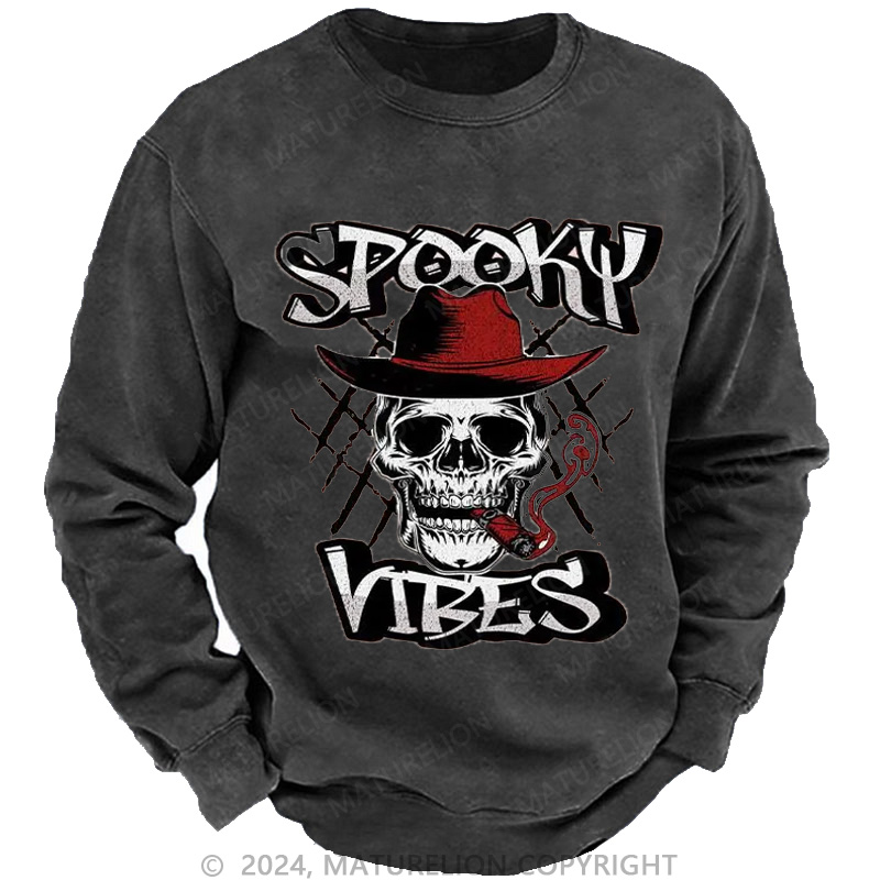 Maturelion Men's Sweatshirt Spooky Cowboy Washed Sweatshirts