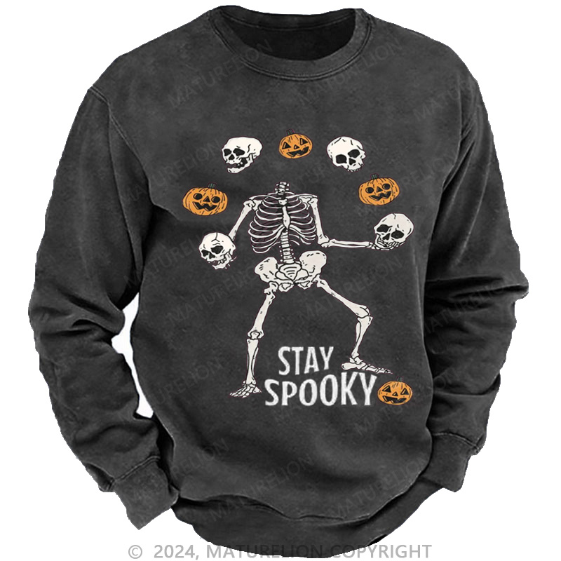 Maturelion Men's Sweatshirt Stay Spooky Skeleton Washed Sweatshirts
