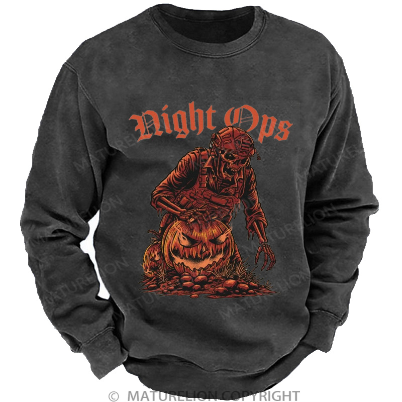 Maturelion Men's Sweatshirt Night Ops Halloween Washed Sweatshirts