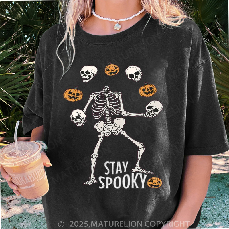 Maturelion Women's T-shirt Stay Spooky Skeleton DTG Washed T-shirt