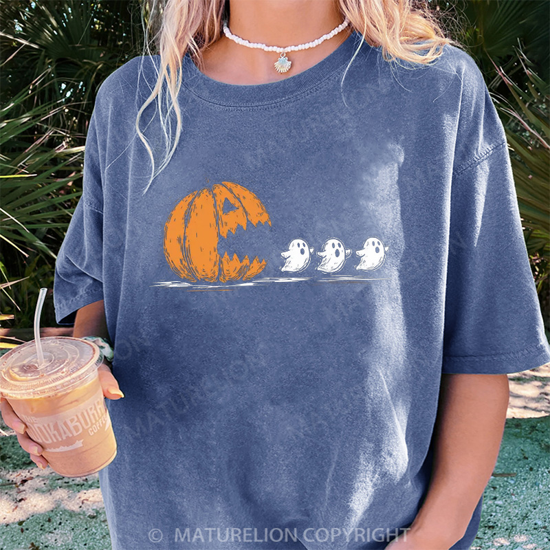 Maturelion Women's T-shirt Pumpkin Eat Ghost DTG Washed T-shirt