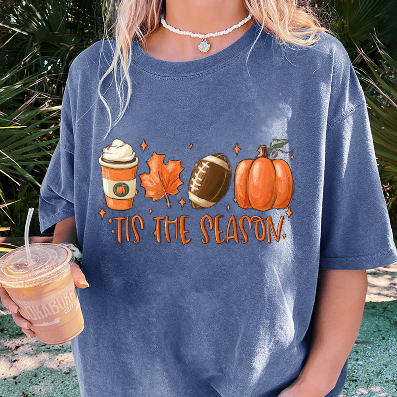 Maturelion Women's T-Shirt Tis The Season Fall Coffee Lovers Pumpkin Latte Thanksgiving Cotton T-Shirt