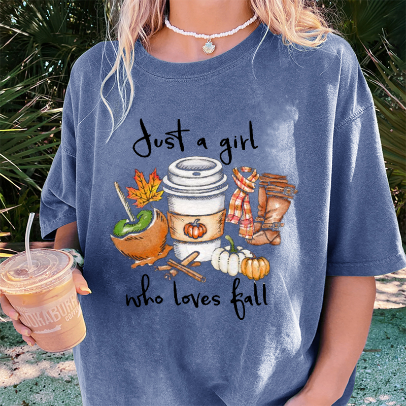 Maturelion Women's T-Shirt Just A Girl Who Loves Fall Pumpkin Coffee Lover Happy Thanksgiving Cotton T-Shirt