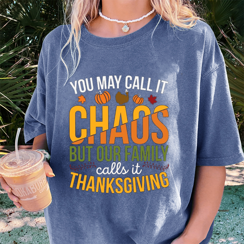Maturelion Women's T-Shirt Family Chaos Thanksgiving Cotton T-Shirt