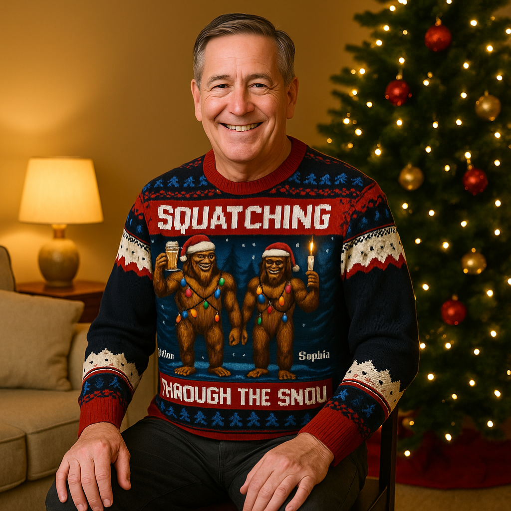 Maturelion Squatching Through The Snow Funny Christmas Ugly Sweater