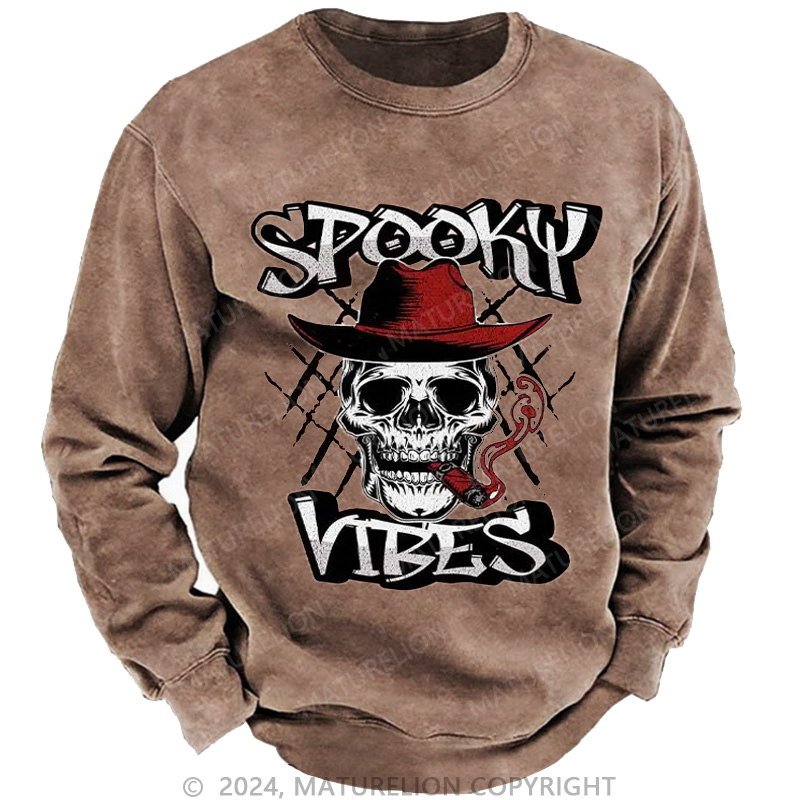Maturelion Men's Sweatshirt Spooky Cowboy Washed Sweatshirts