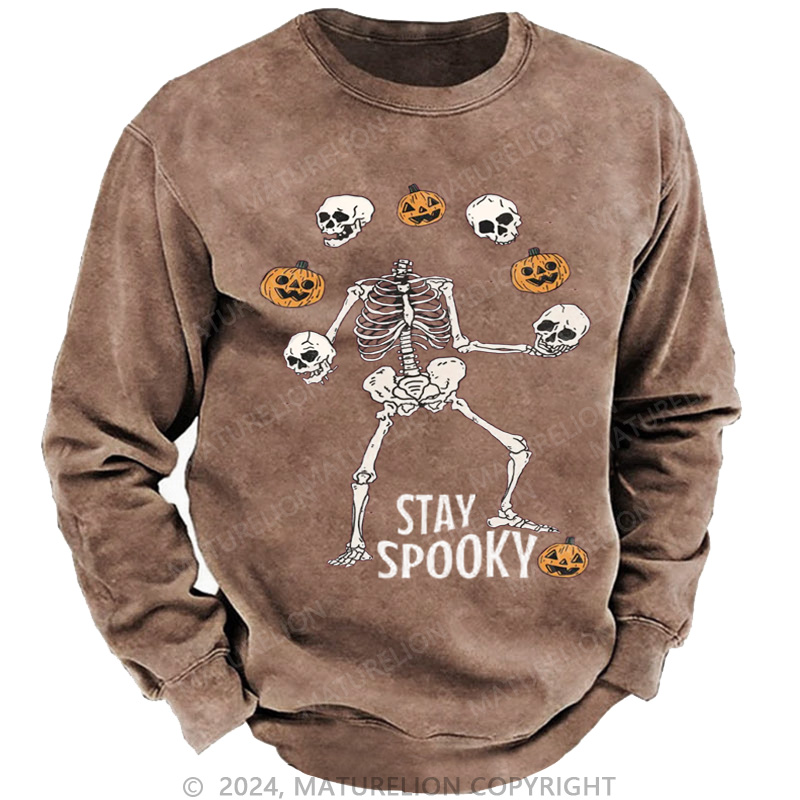 Maturelion Men's Sweatshirt Stay Spooky Skeleton Washed Sweatshirts