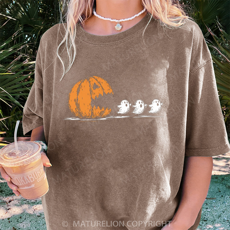 Maturelion Women's T-shirt Pumpkin Eat Ghost DTG Washed T-shirt