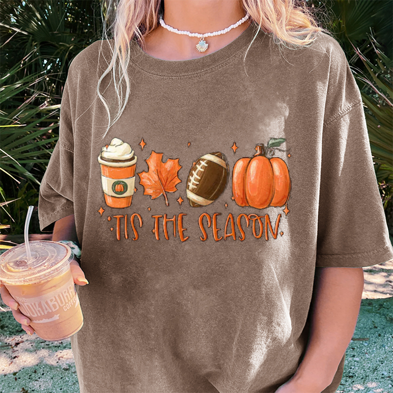 Maturelion Women's T-Shirt Tis The Season Fall Coffee Lovers Pumpkin Latte Thanksgiving Cotton T-Shirt