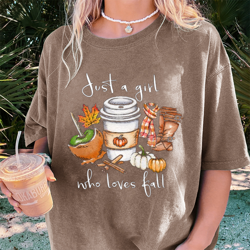 Maturelion Women's T-Shirt Just A Girl Who Loves Fall Pumpkin Coffee Lover Happy Thanksgiving Cotton T-Shirt