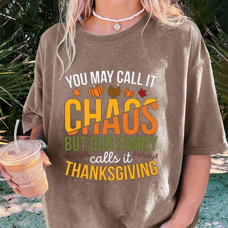 Maturelion Women's T-Shirt Family Chaos Thanksgiving Cotton T-Shirt
