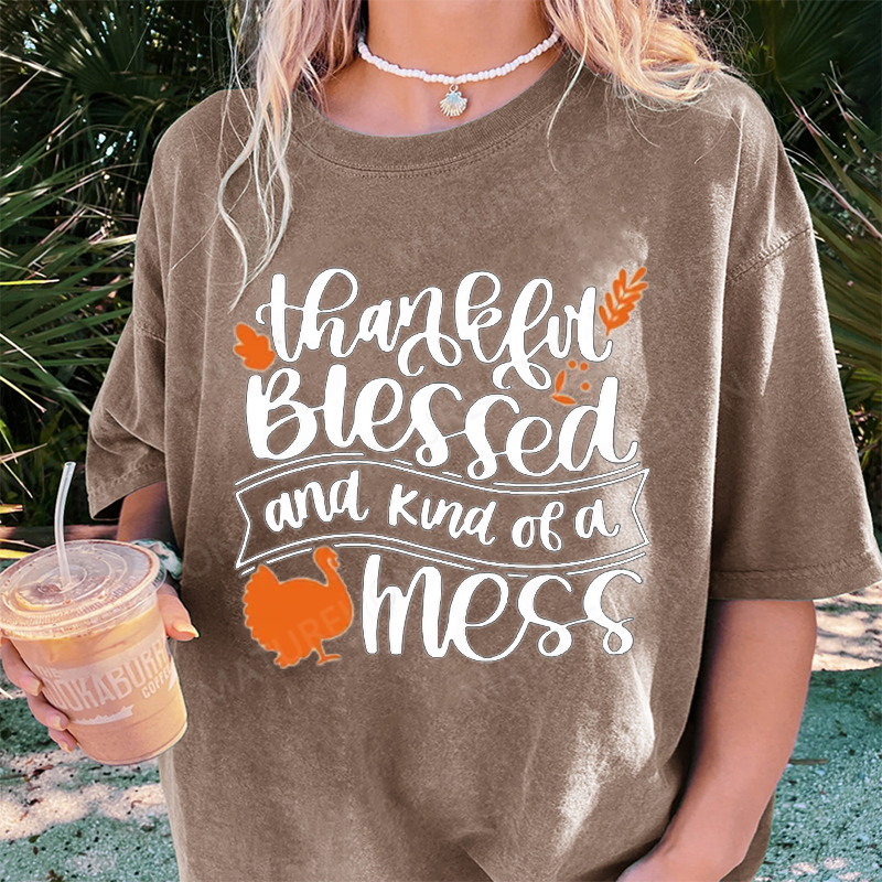 Maturelion Women's T-Shirt Thankful Blessed and Kind of a Mess Thanksgiving Cotton T-Shirt