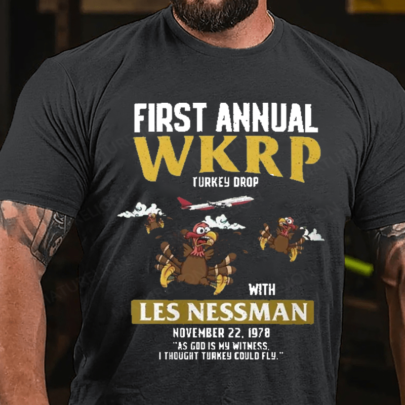Maturelion Men's T-Shirt First Annual WKRP Turkey Drop in Cincinnati Thanksgiving Cotton T-Shirt
