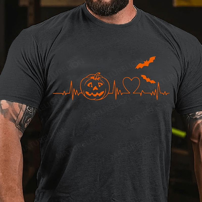 Maturelion Men's T-Shirt Halloween Pumpkin Heartbeat Fall Spooky Season Thanksgiving Cotton T-Shirt
