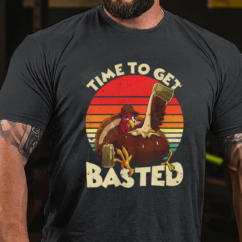 Maturelion Men's T-Shirt Turkey Day Time To Get Basted Retro Happy Thanksgiving Cotton T-Shirt