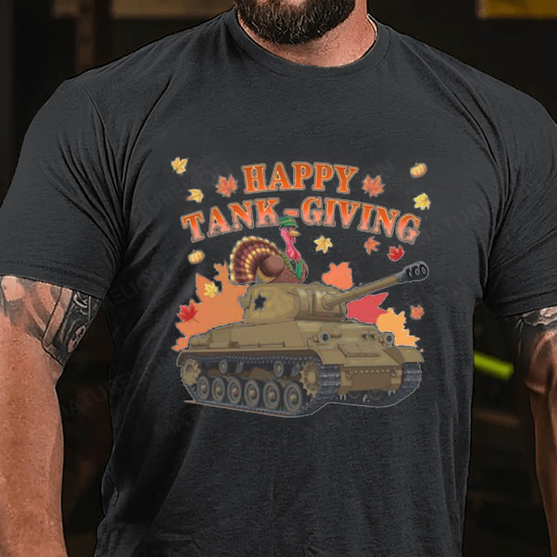Maturelion Men's T-Shirt Happy Tank-Giving Veteran Gift Patriotic Thanksgiving Humor for Army Fans Turkey Day Cotton T-Shirt