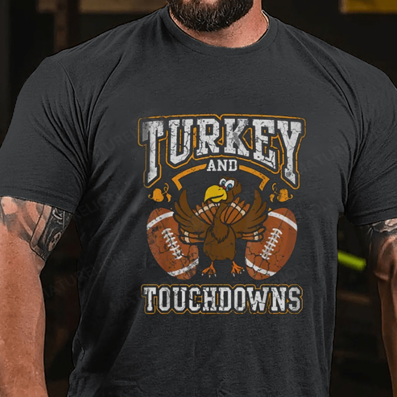 Maturelion Men's T-Shirt Turkey And Touchdowns Thanksgiving Cotton T-Shirt