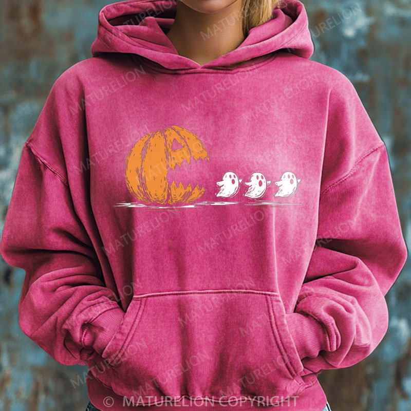 Maturelion Halloween Hoodie Pumpkin Eat Ghost Women Washed Hoodie