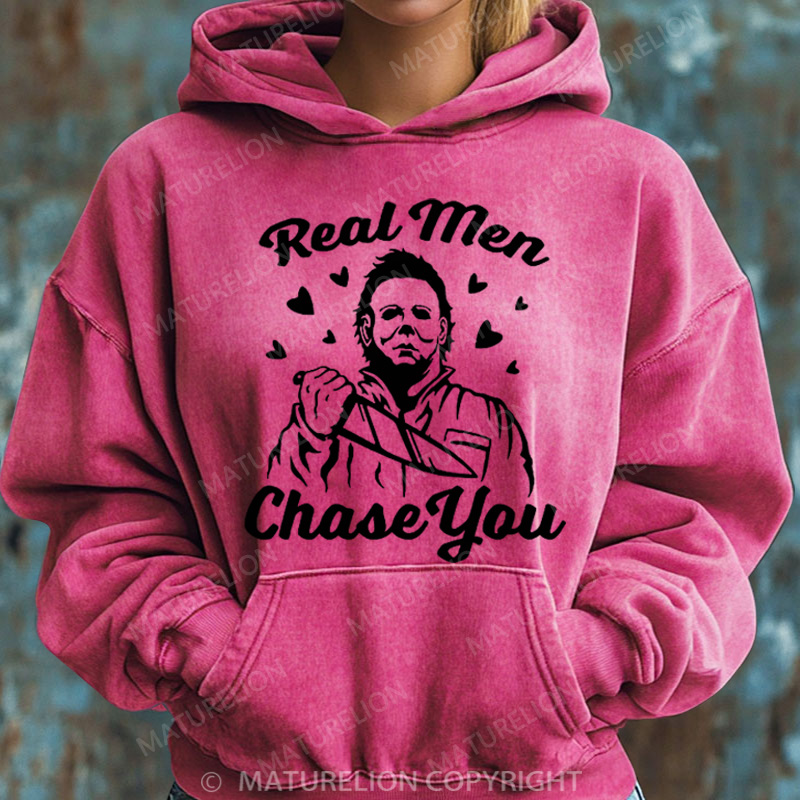 Maturelion Halloween Hoodie Real Men Chase You Women Washed Hoodie