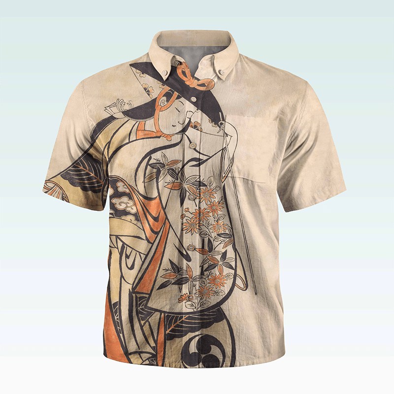 Maturelion Men's Button Pocket ShirtGintama Print Button Down Short Sleeve Shirt