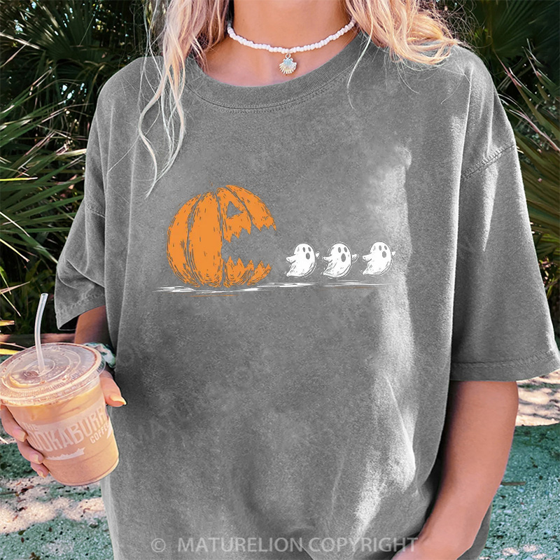 Maturelion Women's T-shirt Pumpkin Eat Ghost DTG Washed T-shirt