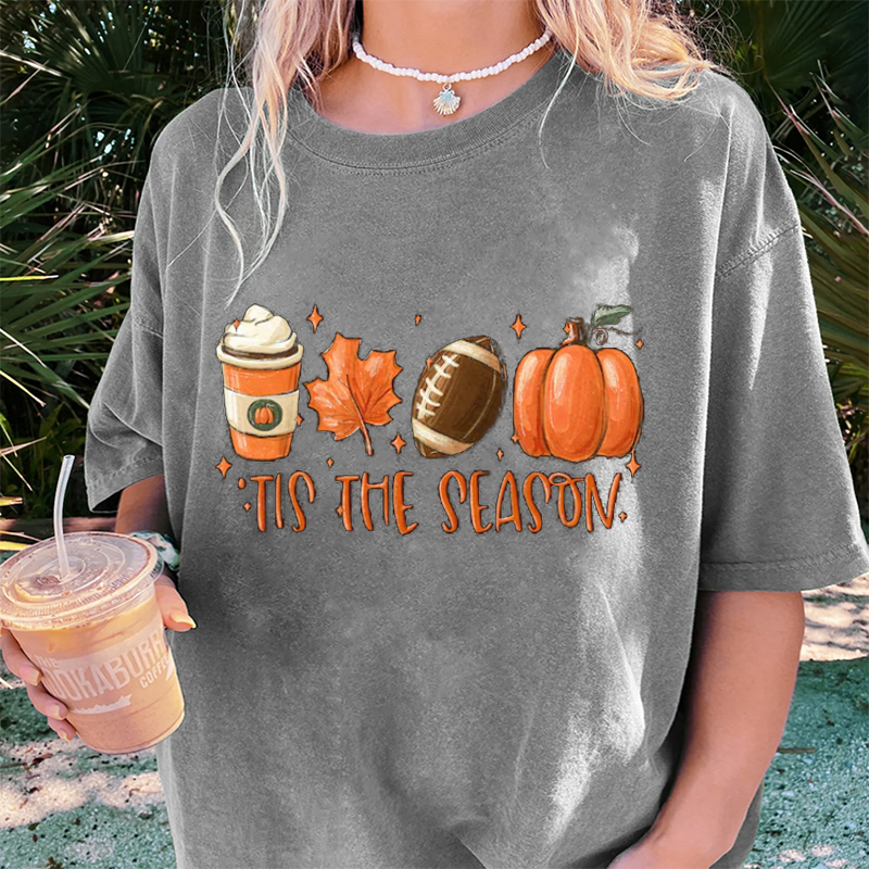 Maturelion Women's T-Shirt Tis The Season Fall Coffee Lovers Pumpkin Latte Thanksgiving Cotton T-Shirt