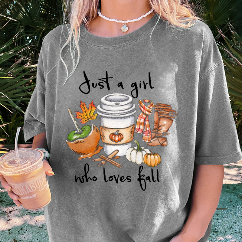 Maturelion Women's T-Shirt Just A Girl Who Loves Fall Pumpkin Coffee Lover Happy Thanksgiving Cotton T-Shirt
