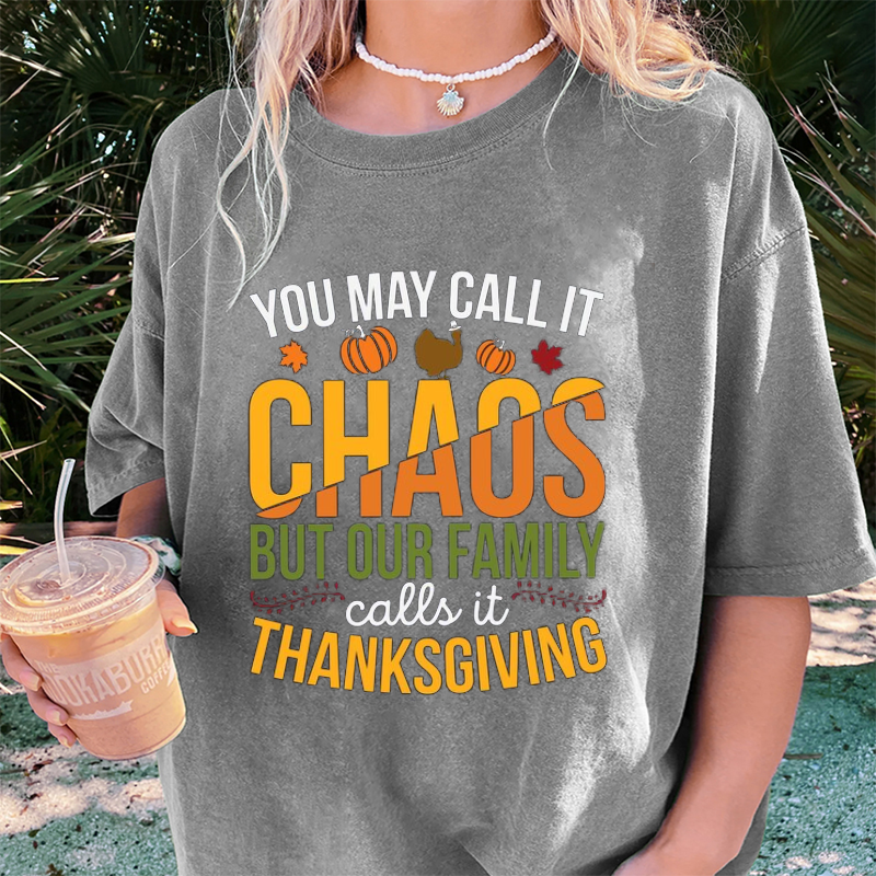 Maturelion Women's T-Shirt Family Chaos Thanksgiving Cotton T-Shirt