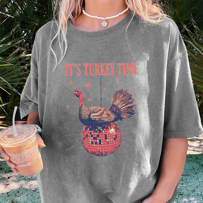 Maturelion Women's T-Shirt It’s Turkey Time Thanksgiving Cotton T-Shirt