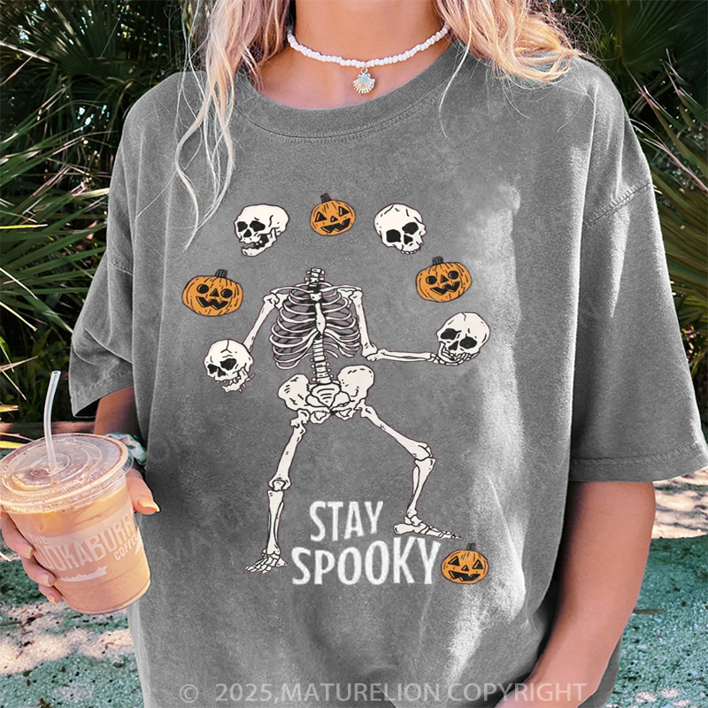 Maturelion Women's T-shirt Stay Spooky Skeleton DTG Washed T-shirt
