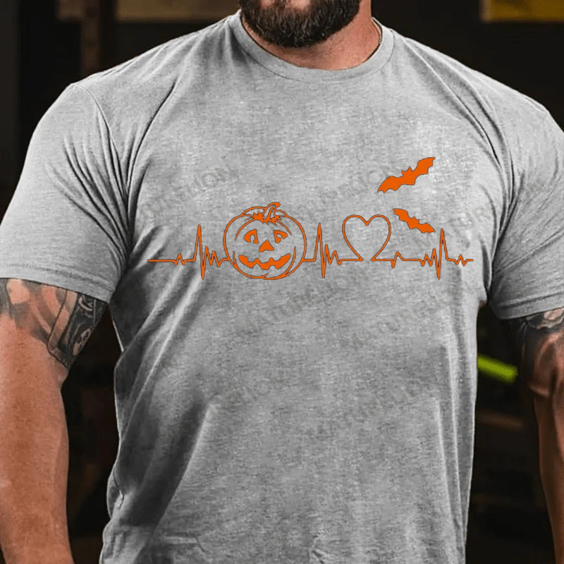 Maturelion Men's T-Shirt Halloween Pumpkin Heartbeat Fall Spooky Season Thanksgiving Cotton T-Shirt