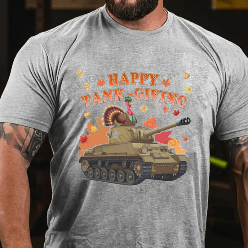 Maturelion Men's T-Shirt Happy Tank-Giving Veteran Gift Patriotic Thanksgiving Humor for Army Fans Turkey Day Cotton T-Shirt