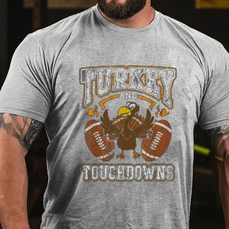 Maturelion Men's T-Shirt Turkey And Touchdowns Thanksgiving Cotton T-Shirt