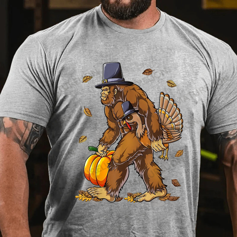 Maturelion Men's T-Shirt Bigfoot Turkey Pumpkin Thanksgiving Cotton T-Shirt