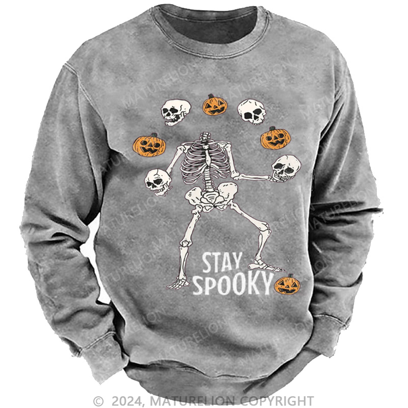 Maturelion Men's Sweatshirt Stay Spooky Skeleton Washed Sweatshirts