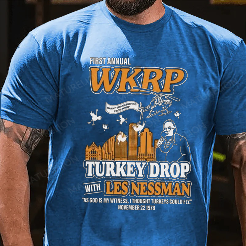 Maturelion Men's T-Shirt First Annual Wkrp Turkey Drop Thanksgiving Cotton T-Shirt