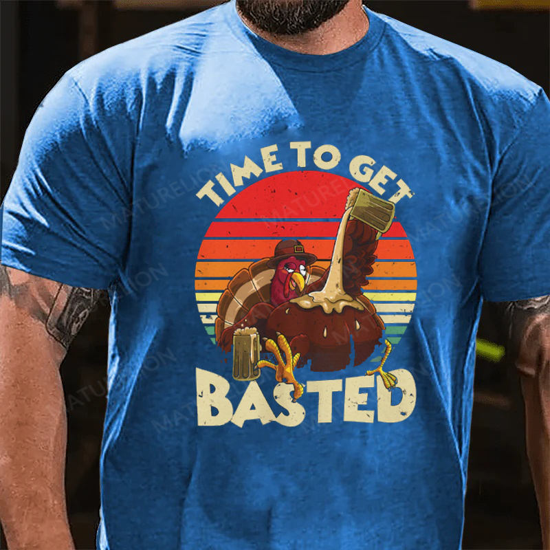 Maturelion Men's T-Shirt Turkey Day Time To Get Basted Retro Happy Thanksgiving Cotton T-Shirt