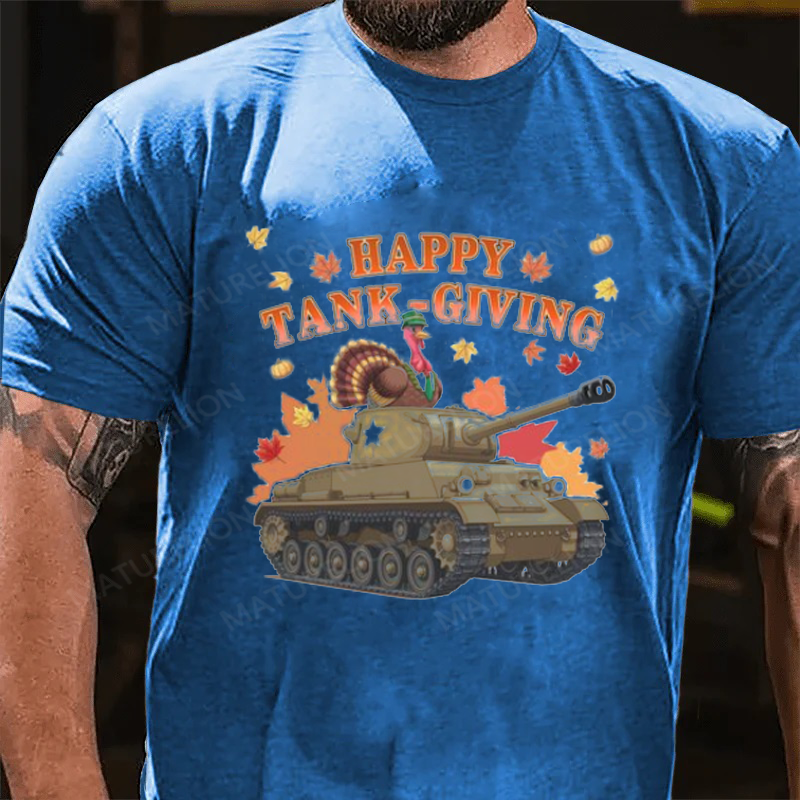 Maturelion Men's T-Shirt Happy Tank-Giving Veteran Gift Patriotic Thanksgiving Humor for Army Fans Turkey Day Cotton T-Shirt