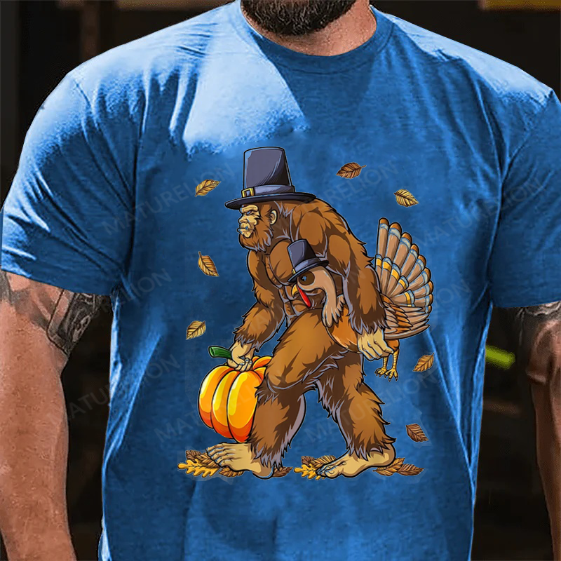 Maturelion Men's T-Shirt Bigfoot Turkey Pumpkin Thanksgiving Cotton T-Shirt