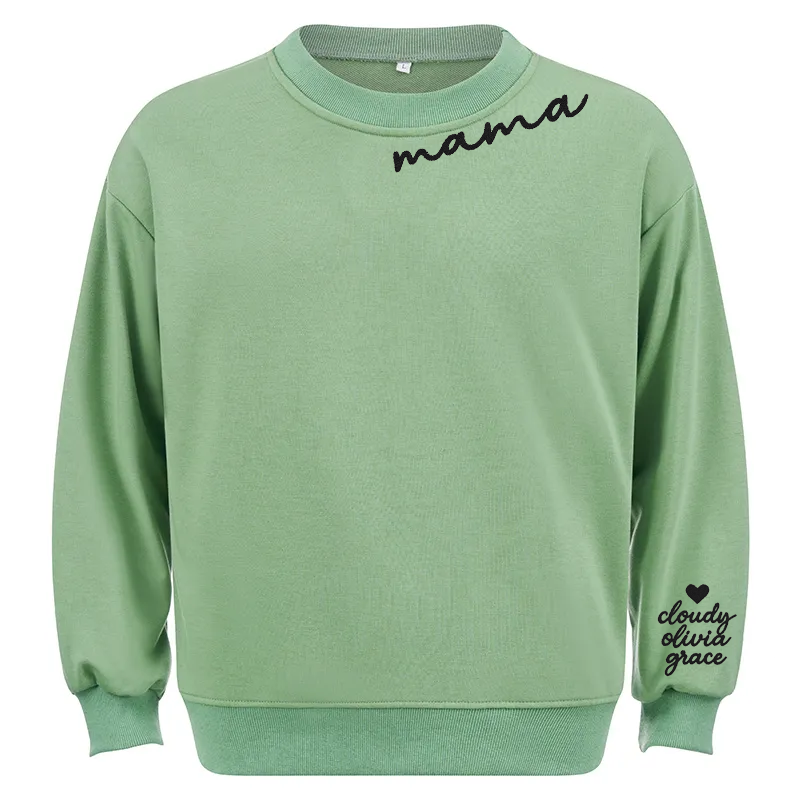 Maturelion Custom Mama Sweatshirt with Kid Name on Sleeve Cotton Sweatshirt