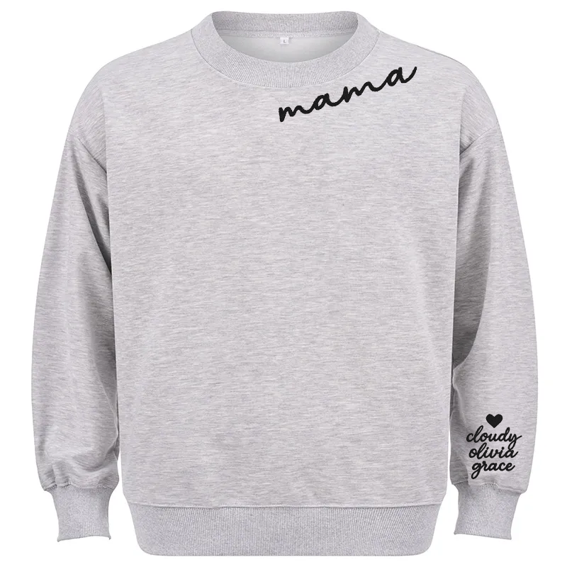 Maturelion Custom Mama Sweatshirt with Kid Name on Sleeve Cotton Sweatshirt