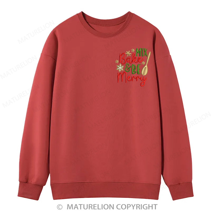 Maturelion Bake & Be Merry Embroidery Christmas Cotton Sweatshirt