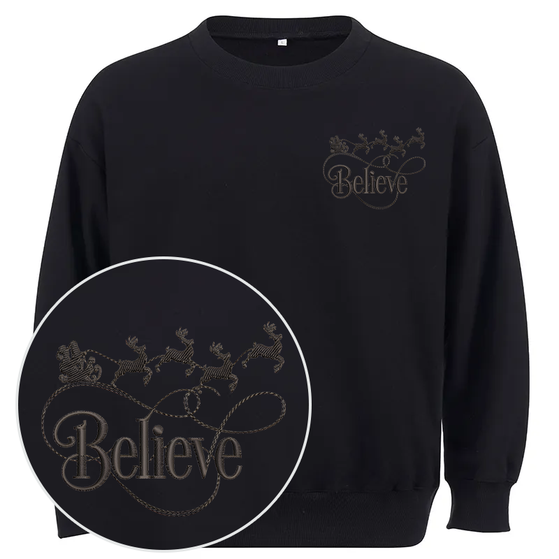 Maturelion Christmas Believe Embroidery  Christmas Cotton Sweatshirt