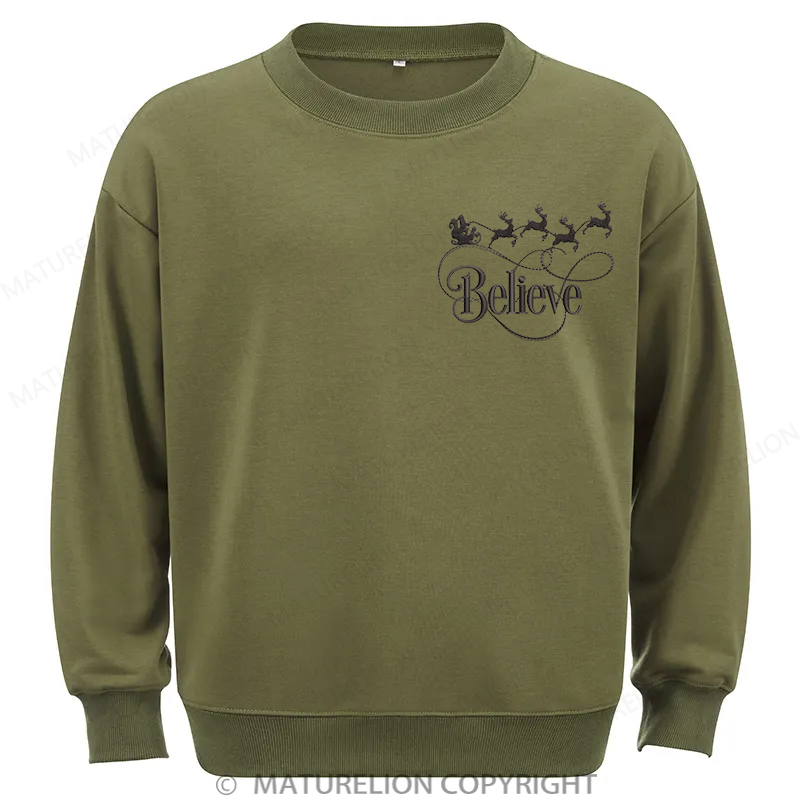Maturelion Christmas Believe Embroidery  Christmas Cotton Sweatshirt