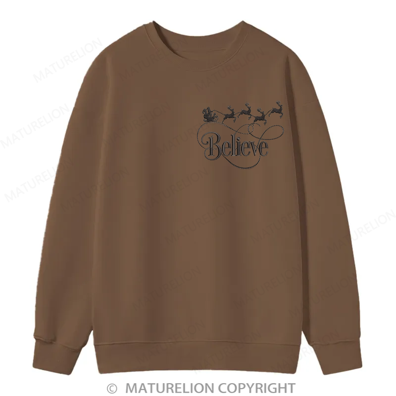 Maturelion Christmas Believe Embroidery  Christmas Cotton Sweatshirt