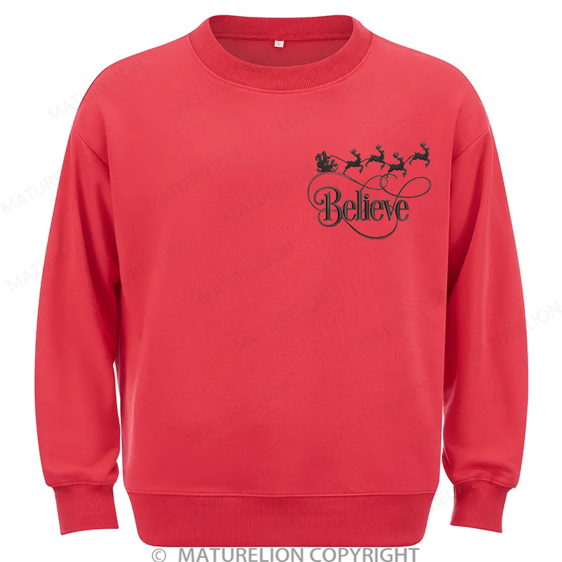 Maturelion Christmas Believe Embroidery  Christmas Cotton Sweatshirt