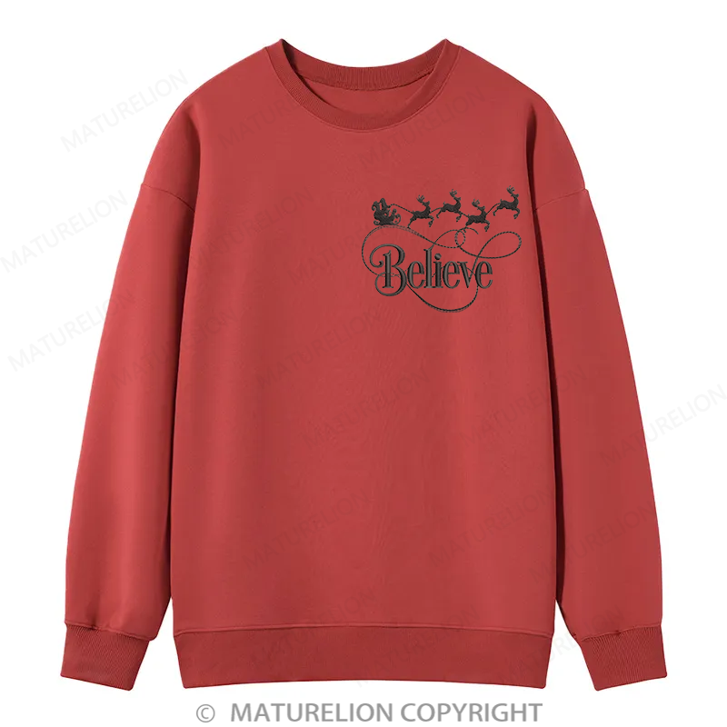 Maturelion Christmas Believe Embroidery  Christmas Cotton Sweatshirt