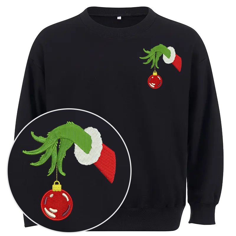 Maturelion Grinch Hand With Ornament Embroidery Christmas Cotton Sweatshirt