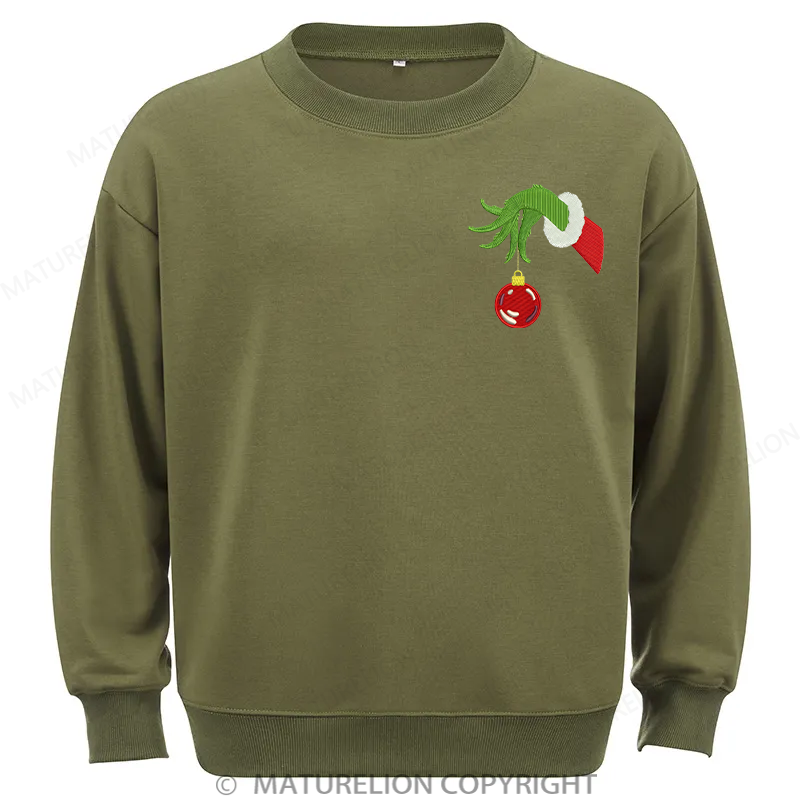 Maturelion Grinch Hand With Ornament Embroidery Christmas Cotton Sweatshirt