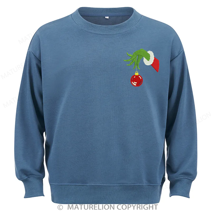 Maturelion Grinch Hand With Ornament Embroidery Christmas Cotton Sweatshirt